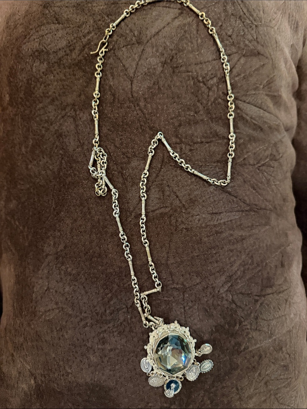 Virgins Saints & Angels Silver-Tone Necklace with Blue Crystal Pendant